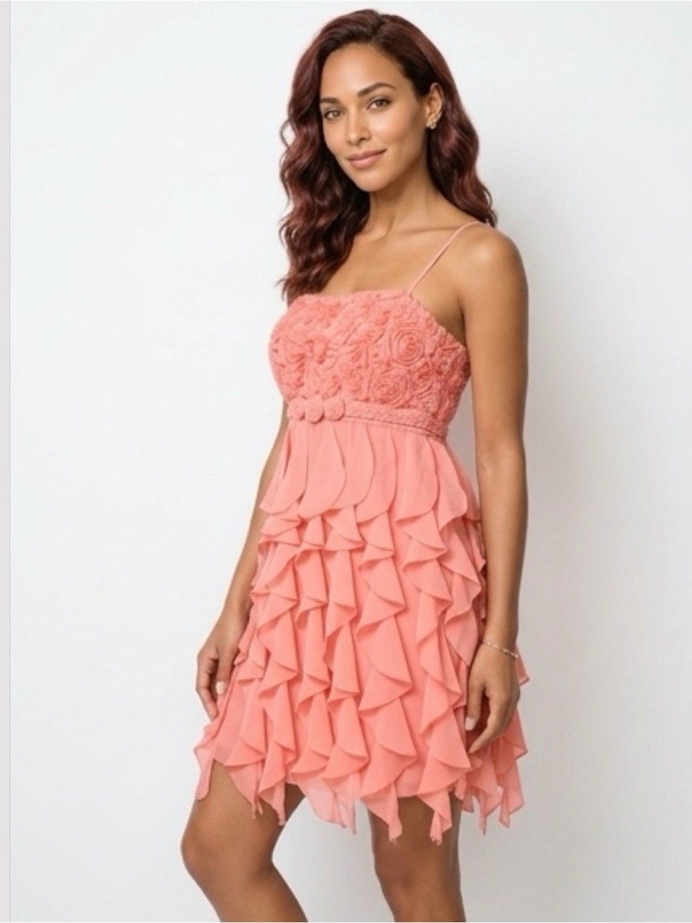 NWT Sue Wong Layered Ruffled Tiered Coral Dress SZ-8